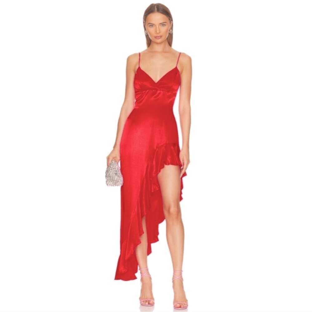 Bardot Asymmetrical Satin Red Dress